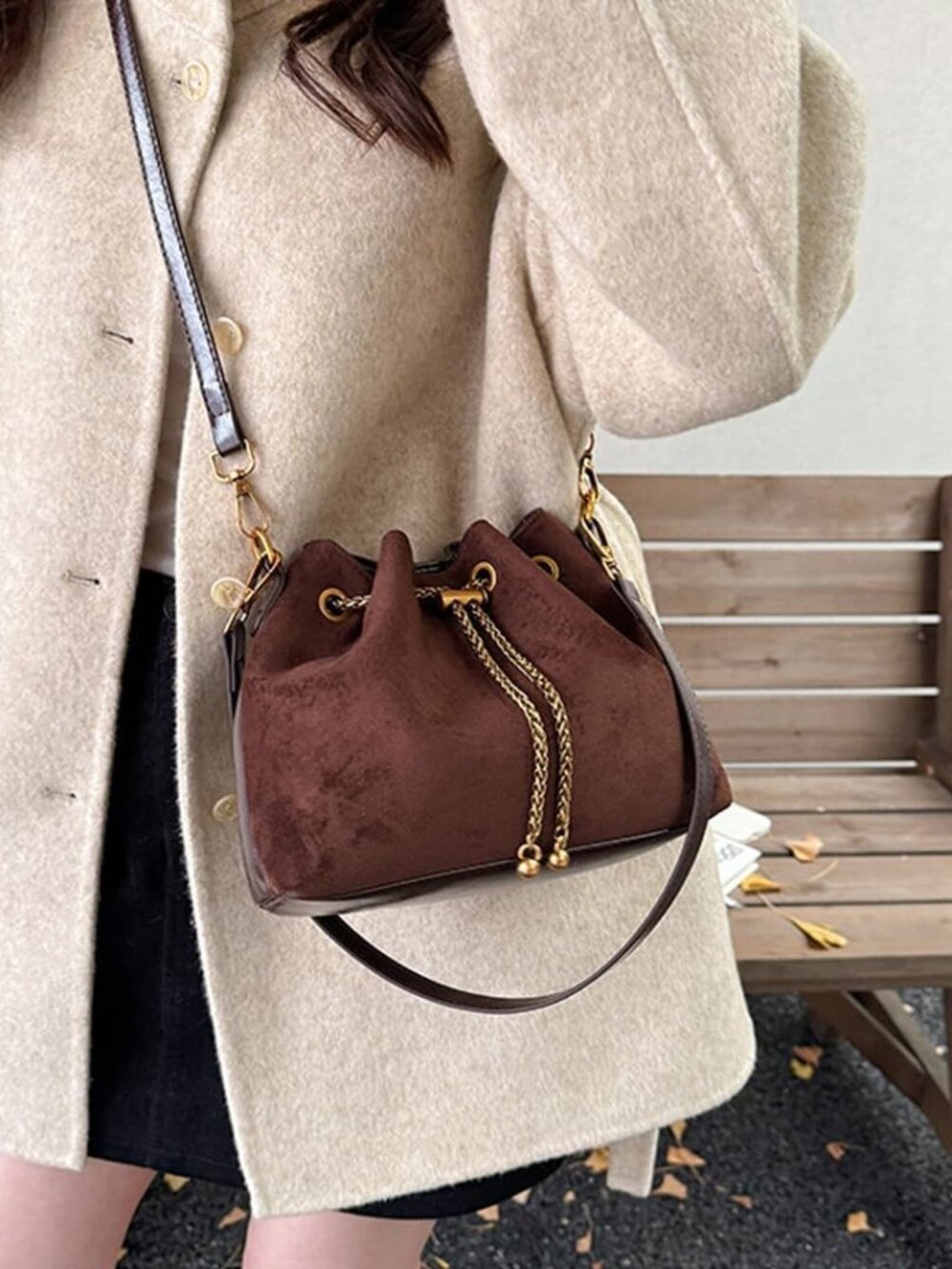 Mini Suede Bucket Bag for Women Drawstring Faux Brown Suede Purse Vintage Leathe - Picture 2 of 7